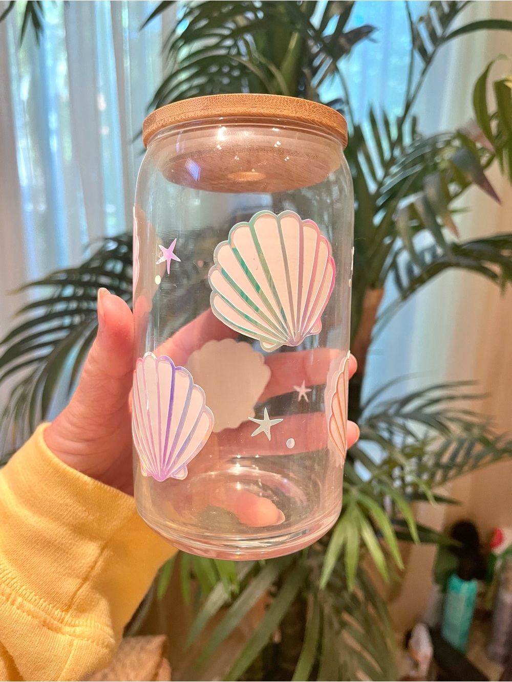 Iridescent Shell Glass Storage Jar with Bamboo Lid no straw